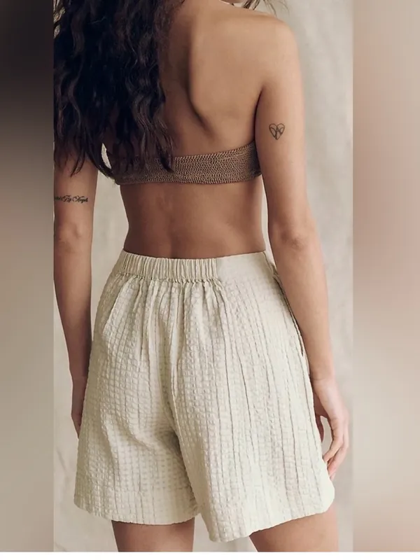 Free People Free-Est Pucker Oatmeal Check Cotton Tie Front Shorts - Size S - Image 3
