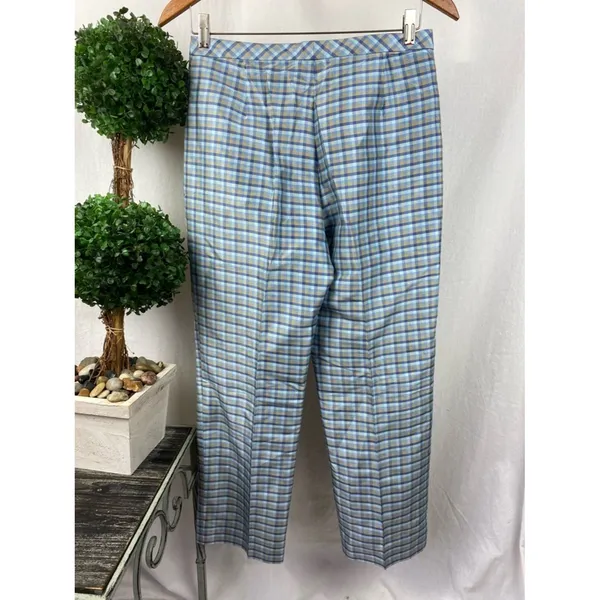 Ann Taylor 100% Silk Blue Plaid Gingham Straight Leg Pants 4 - Image 3