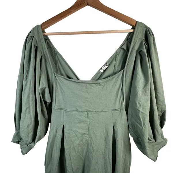 Free People Lotta Love Romper XS Sage Green Puff Sleeve Pleated Reversible Boho - Image 5