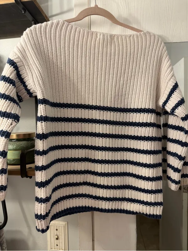 Lands' End Cotton Cream & Navy Striped Crewneck Sweater - Image 4