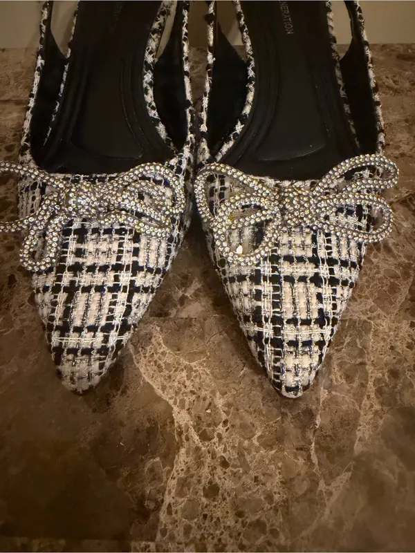 BCBGeneration Black and White Tweed Pointed Slingback Heels with Rhinestone Bow - Image 2