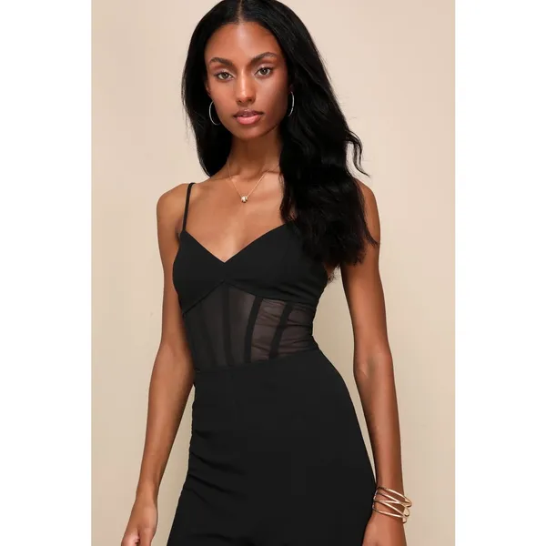 NWT Lulus Sultry Strut Black Mesh Bustier Sleeveless Wide-Leg Jumpsuit Size XS - Image 8