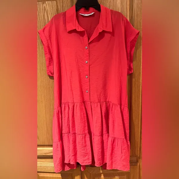 ZARA Jeweled‎ Button Ruffle Tiered Drop Waist Orange Mini Dress Size Medium - Image 2