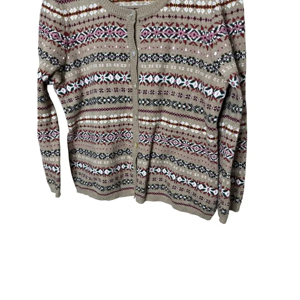 Vintage‎ Appleseeds Wool Blend PL Tan Multi Fair Isle Pattern Cardigan Sweater - Image 3