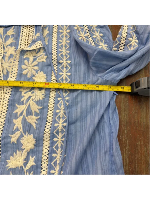 Tory Burch Light Blue Embroidered Crochet Bell Sleeve Tunic Coverup Dress Sz 6 - Image 11