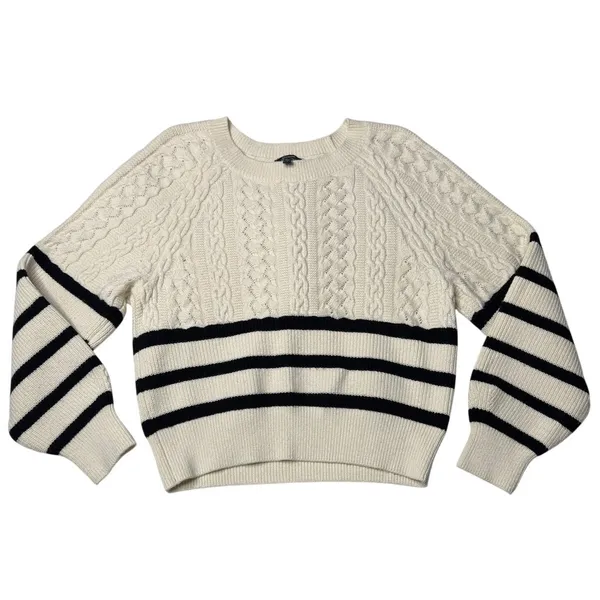 Express Striped Cable Knit Sweater Cream Black Cropped Size S Preppy Coastal - Image 5
