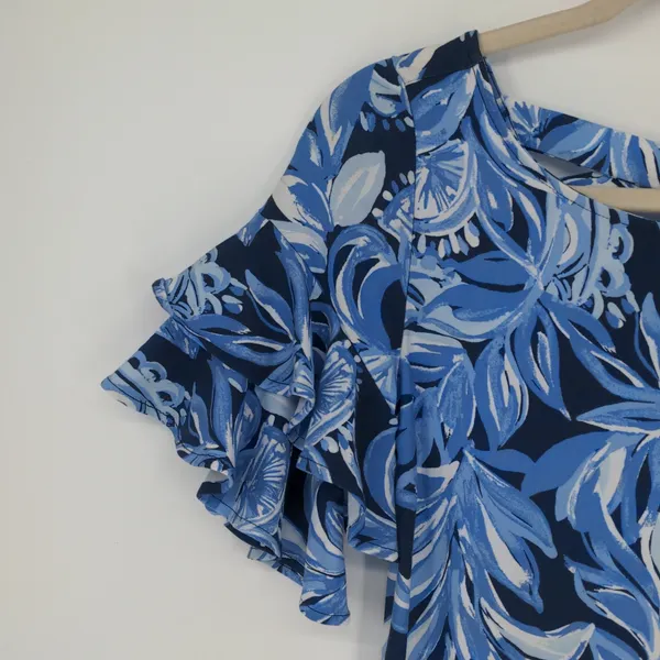 Lilly Pulitzer Blue Floral A-Line Dress XS Pink Border Ruffle Sleeve Rayon Spand - Image 9