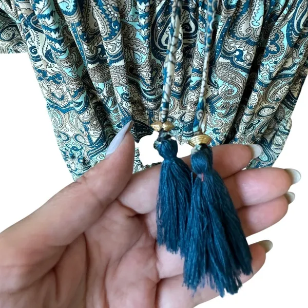 Paani Teal Paisley Tiered Babydoll Dress Flowy‎ Vneck Tassle High Waisted Flowy - Image 11