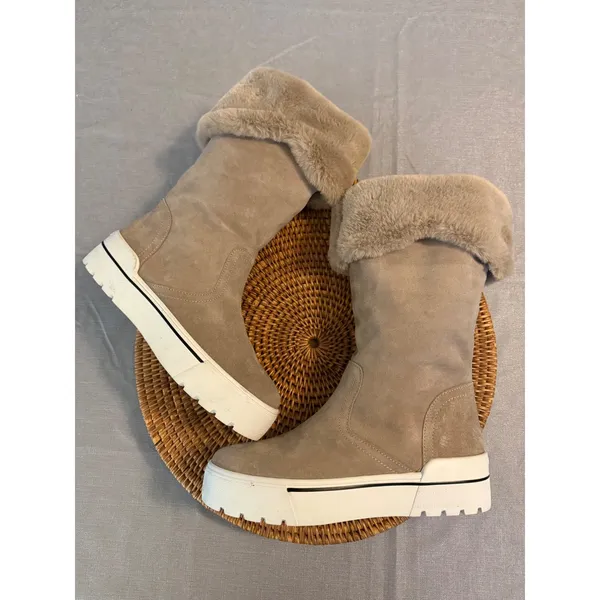 J/Slides NYC Taupe Suede Faux Fur Trim Platform Boots Womens‎ 7 - Image 6