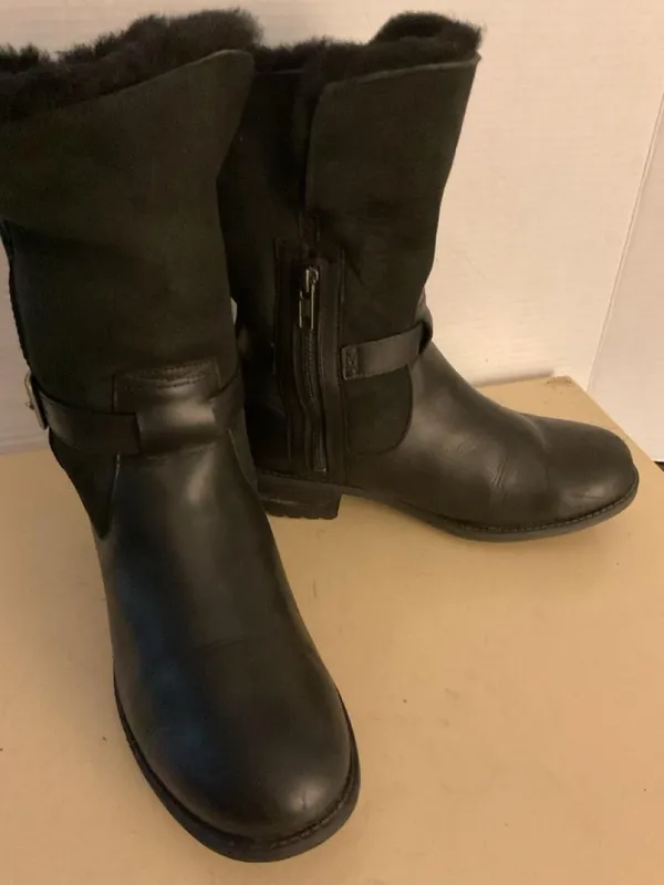 UGG women Black Leather suede & Shearling biker Pernille boots US 8.5 - Image 5