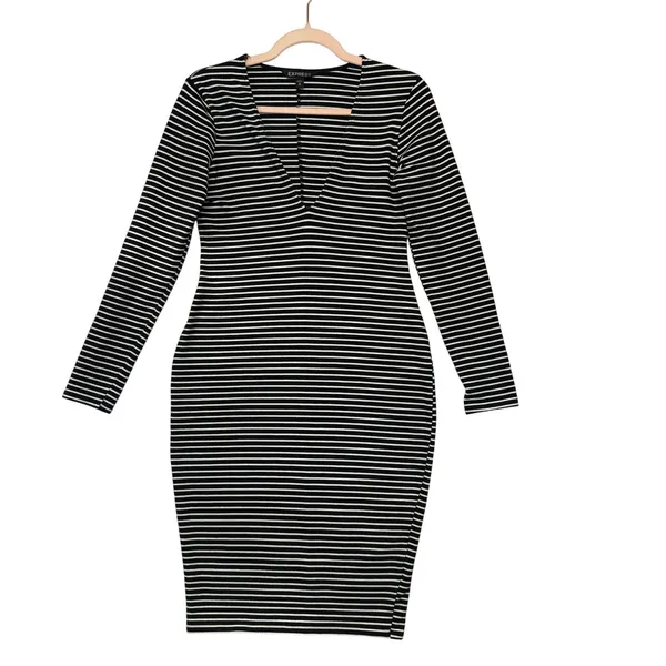 Express Womens Black White Striped V-Neck Long Sleeve Bodycon Midi Dress Medium‎ - Image 2
