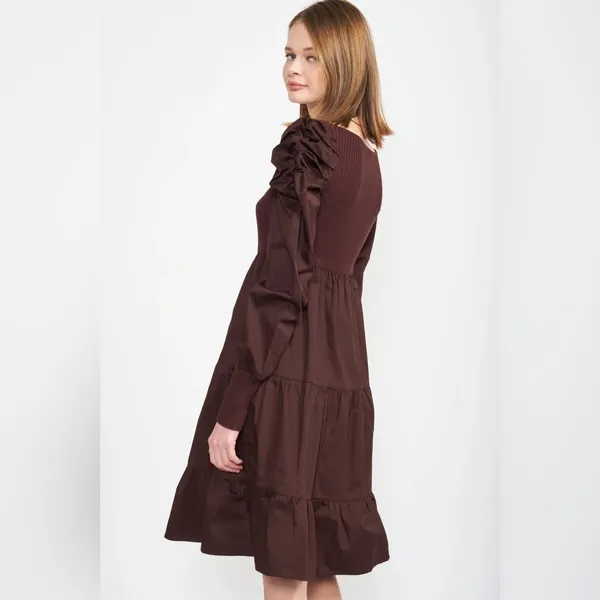 En Saison Lucille Mixed Media Relaxed Fit Midi Dress in Dark Brown Bump Friendly - Image 5