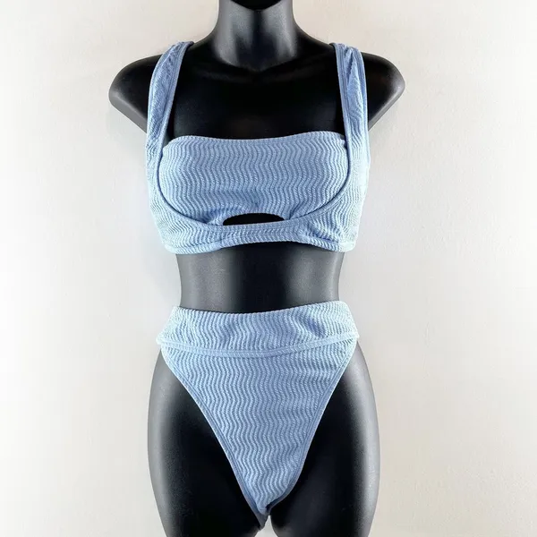 Cupshe Sporty Lace-Up Back Bikini Bralette Mid-Rise Bottoms Set Blue Large - Image 4