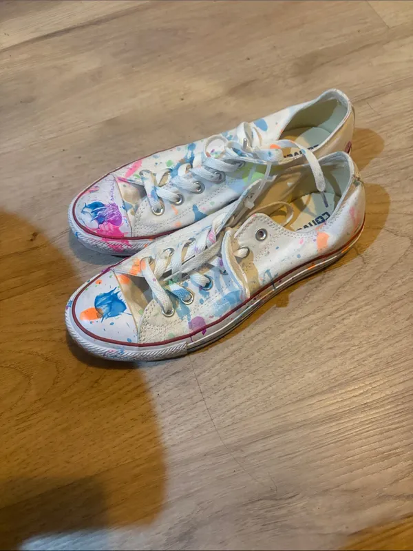 Converse White Low Top Sneakers with Bright Paint Splatter size 10 - Image 3