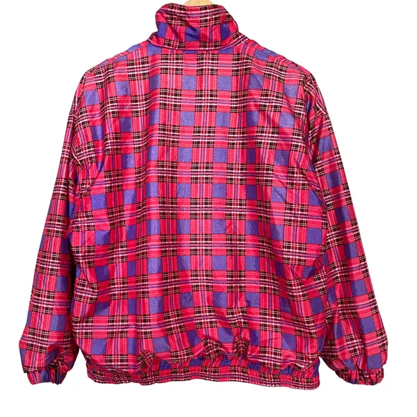 Vintage Jacket Plaid Nylon Pink Purple Zip-Up Windbreaker Lined Retro Women 90s - Image 2