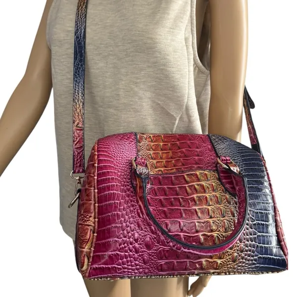 Vegan Leather Rainbow Multicolor Purple Crocodile Embossed Crossbody Satchel Bag - Image 2