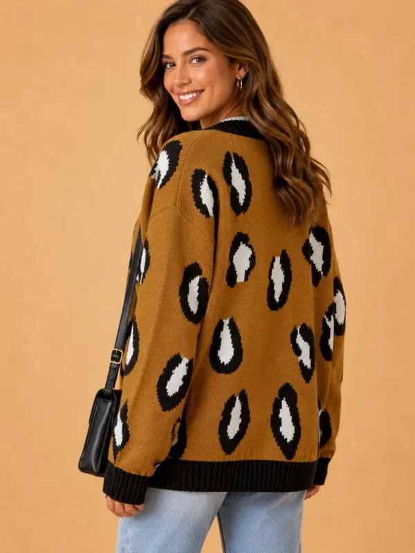 Leopard Print Oversized Button Front Cardigan Sweater Tan Black NWT - Image 2