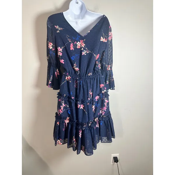 Eliza J Navy Floral Clip Dot Tiered Ruffle Fit &‎ Flare Dress Bell Sleeve Size 2 - Image 6