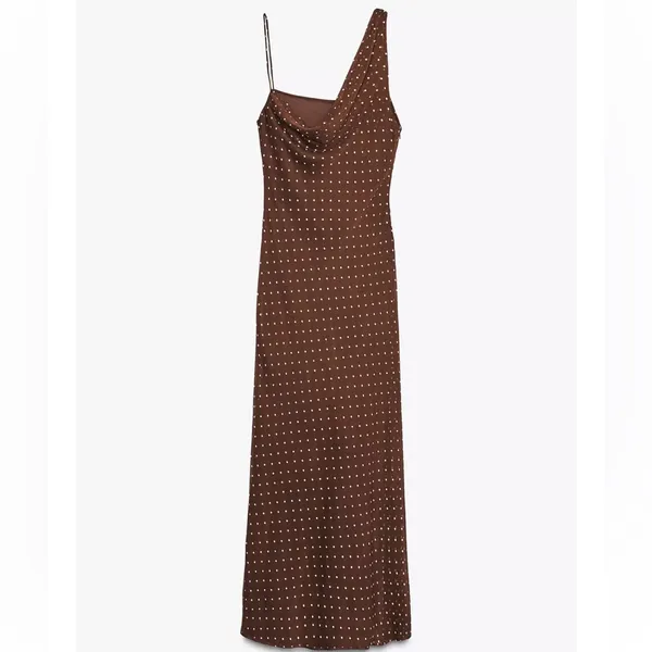 Zara NWT brown polka dot asymmetrical cowl draped detail midi maxi dress - Image 3