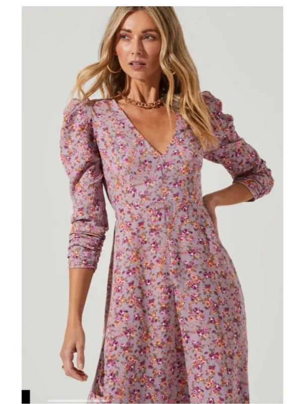 ASTR the Label Puff Sleeve V-Neck Back Cutout Midi Dress, purple peach floral XL - Image 2