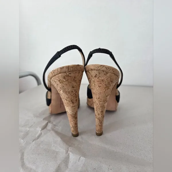 Oscar De La Renta Canvas Stilletto Heels Black Cork Designer Career Office EU 39 - Image 5