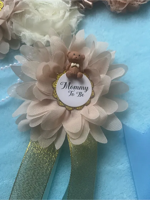 Floral Maternity Sash Belt and brooch in Blue, Cream & Tan - Image 3