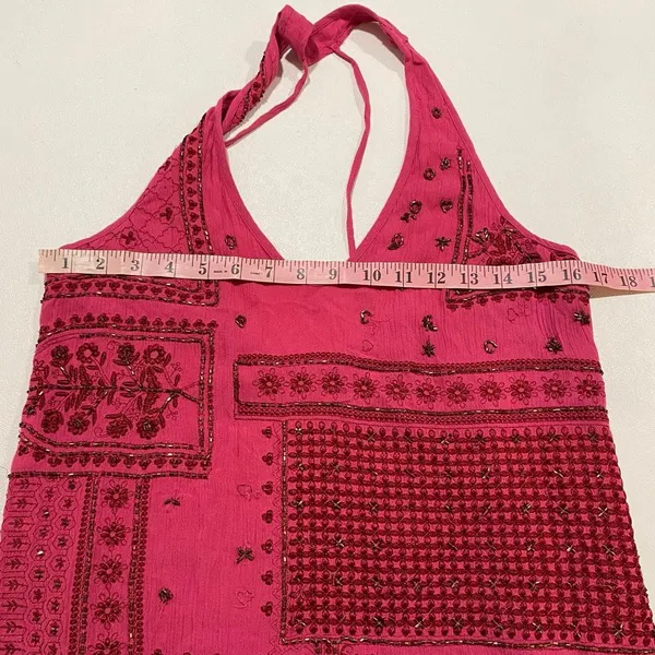 Free People Pink Embroidered Halter Mini Dress XS Boho Y2K Festival - Image 7