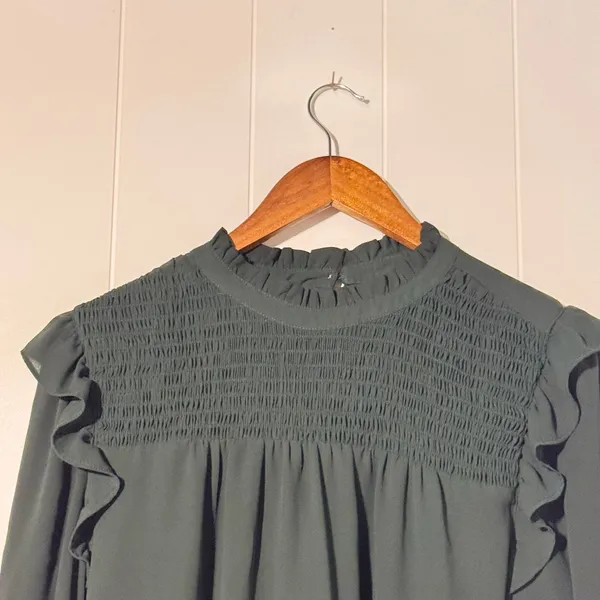 LOFT Flutter Sleeve Smocked Yoke Blouse Medium Green Long Sleeve Top - Image 3
