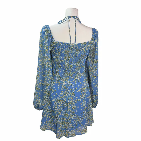 New ASTR the Label Blue Yellow Floral Long Sleeve Sweetheart Dress Size Medium - Image 4