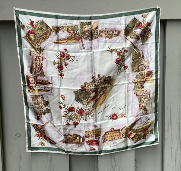 Italian Riviera Inspired Scarf 26x26 Square Cream Green Gold Red Pallet VINTAGE - Image 2