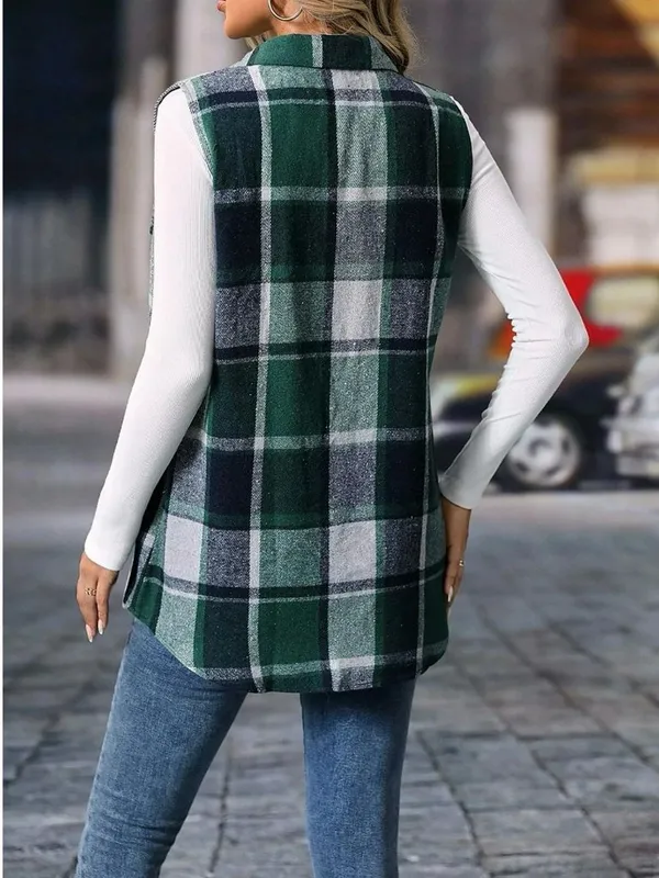 Cute Duck Women's Green Plaid Sleeveless Long Vest Jacket XL - Image 2