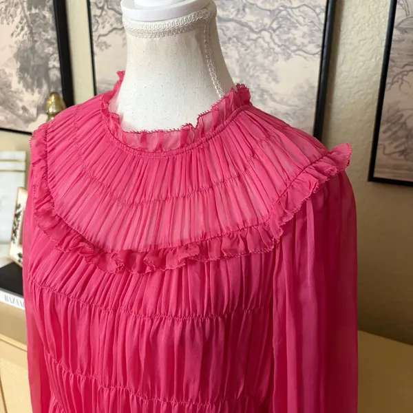 ULLA JOHNSON Emmeline Dress Mini Tiered 100% Silk In‎ Fuchsia Size 10 - Image 4
