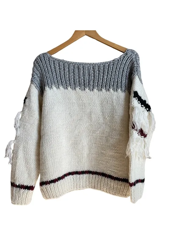 Current Elliott Rosemary Fringed Intarsia Hand Knit Sweater Size Small Wool - Image 2