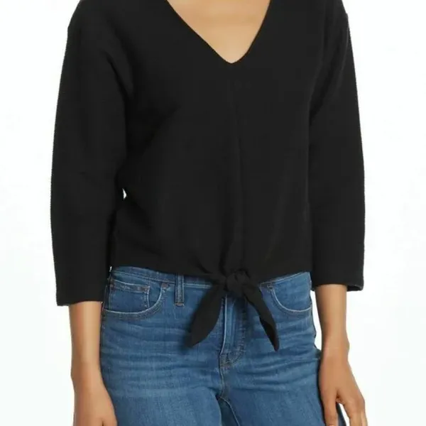 Madewell Texture & Thread Long Sleeve Tie-front Black Top - Image 3