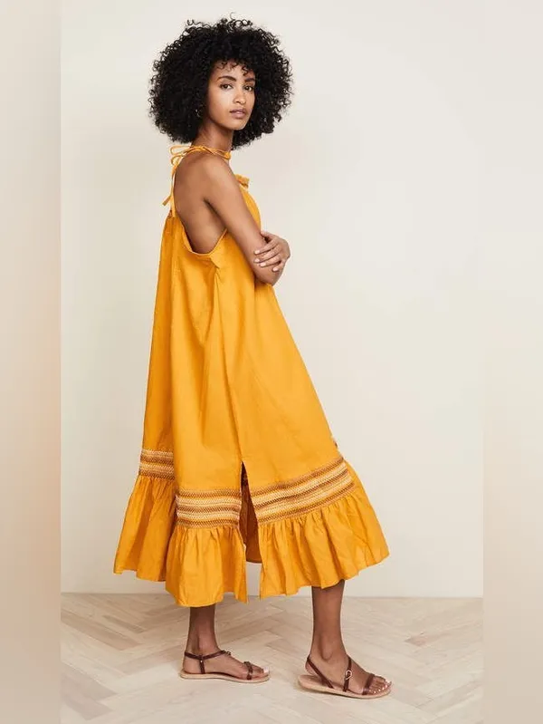 Free People Another Love Smocked Linen Cotton Blend Yellow Midi Dress - Image 2