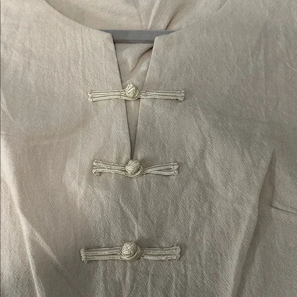 Beige Short Sleeve Blouse with Button Accents Tan Size L - Image 2