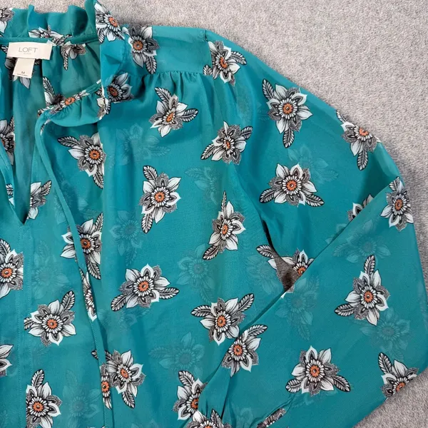 LOFT Outlet Women's Medium Sheer Teal Floral Ruffle Tie Neck Blouse Top - Image 2