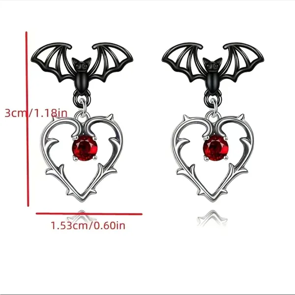 Gorgeous Black Bat Heart‎ Dangle Halloween Earrings with Ruby Color Decor Silver - Image 3