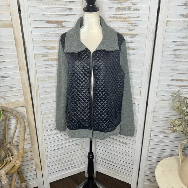 LAUREN RALPH LAUREN Quilted Fleece Full Zip Jacket Black Gray Size XL - Image 2