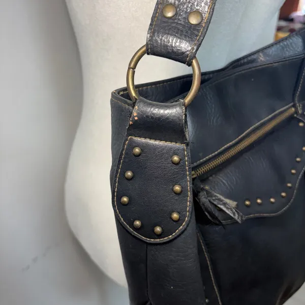 Y2K Black Studded Faux Leather Hobo‎ Shoulder Bag Brass Hardware Western Boho - Image 4