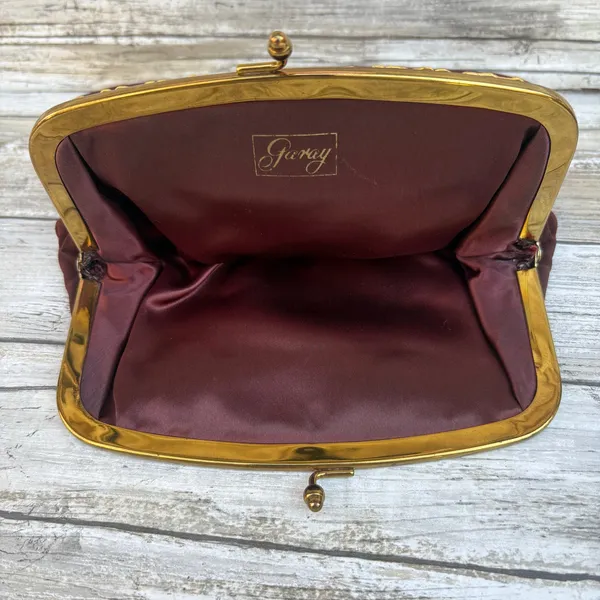 American Vintage VTG 60s Garay Purse Clutch Brown Fabric Gold Flowers Rhinestone‎ Kisslock MCM - Image 5
