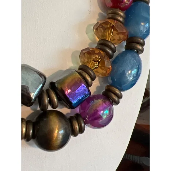 Vintage 2 Strand Statement Necklace Antique Gold Tone Acrylic Beads Estate 20" - Image 2