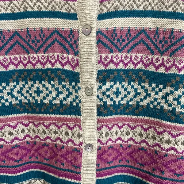 COUNTRY ROSE Pink Blue Fairisle‎ Cardigan Wool Blend Size Small - Image 2