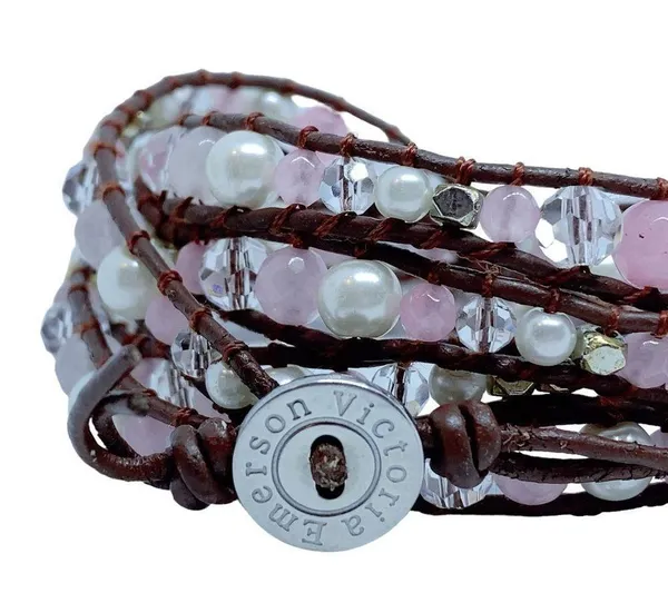 Victoria Emerson Brown Leather Wrap Bracelet With Pink Pearls - Image 5