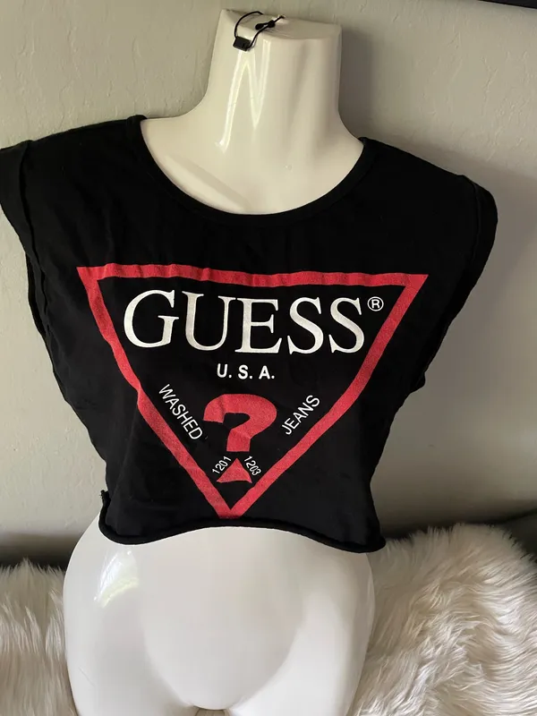 Guess black cropped top with red triangle logo and white text, Women's si - Image 5