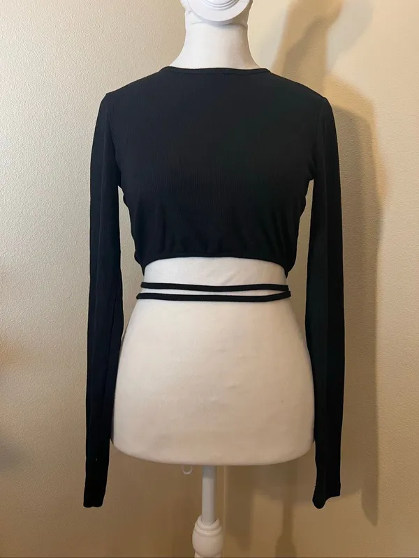 Princess Polly Black Ribbed Knit Long Sleeve Cropped Open Back Tie Waist Top US2 - Image 3
