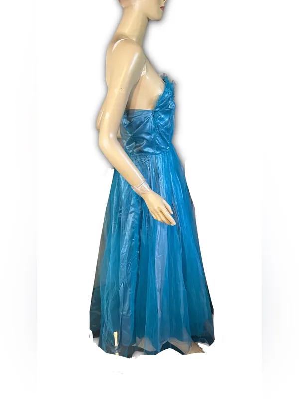 Vintage 1950'S Turquoise Blue Satin & Tulle Strapless Party Dress (Xs) - Image 4