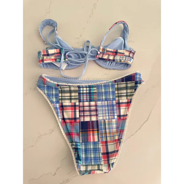 ABERCROMBIE & FITCH Reversible Bikini Top & Bottoms in Blue Plaid Size XS - Image 8