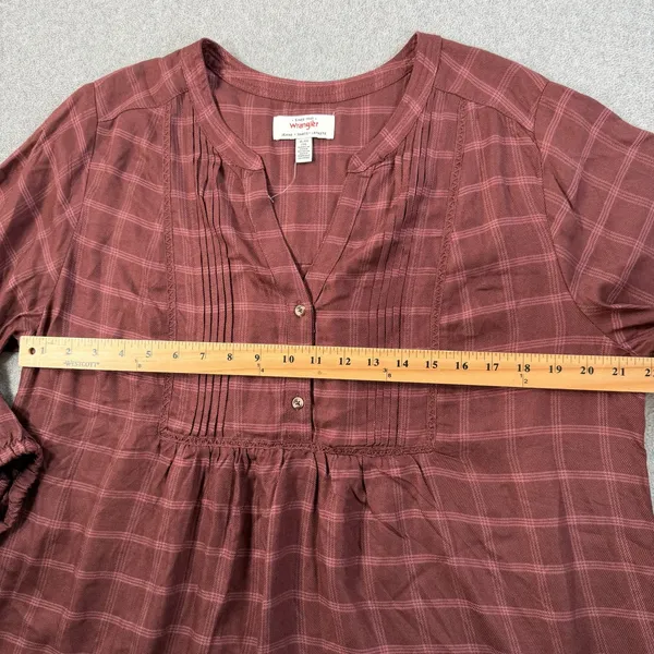 Wrangler Women's XL Burgundy Plaid Pleated V-Neck 3/4 Sleeve Peasant Blouse Top - Image 8