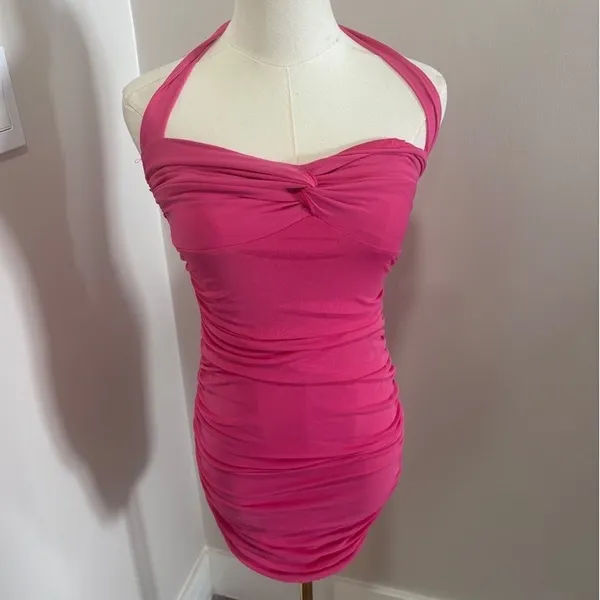 Hello Molly Pink‎ Ruched Halter Mini Dress Bodycon Twist Front US 6 - Image 2
